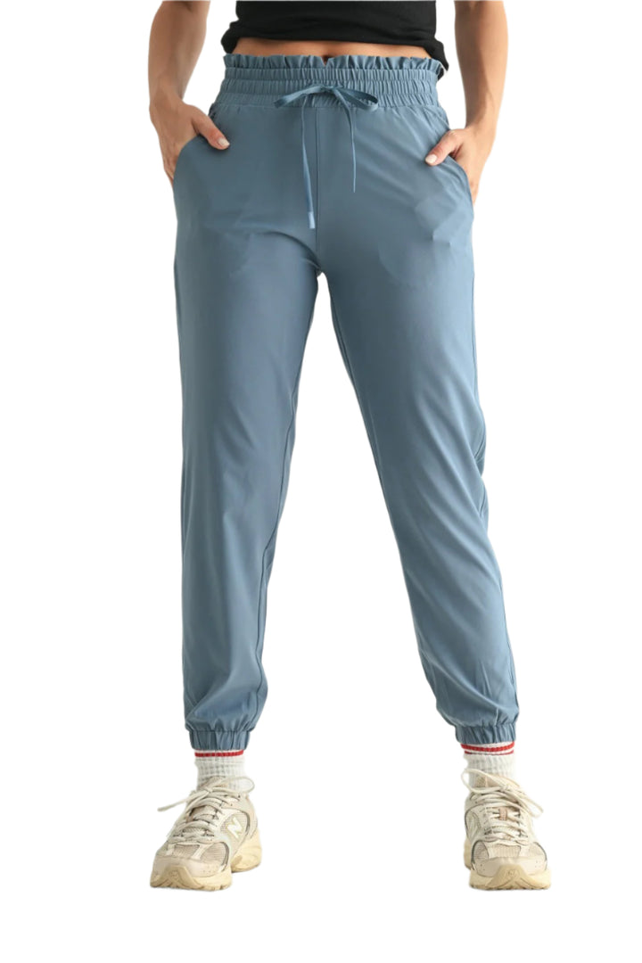 Mono B Cuffed Essential High Waist Joggers - Blue - Front View