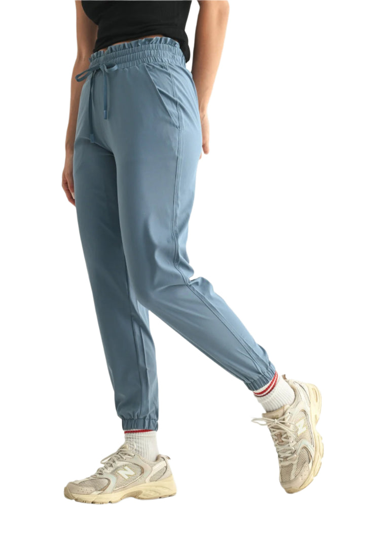 Mono B Cuffed Essential High Waist Joggers - Blue - Side View