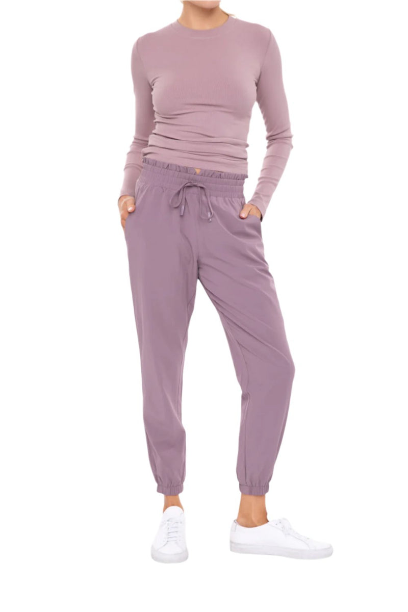 Mono B Cuffed Essential High Waist Joggers - Mauve - Front View