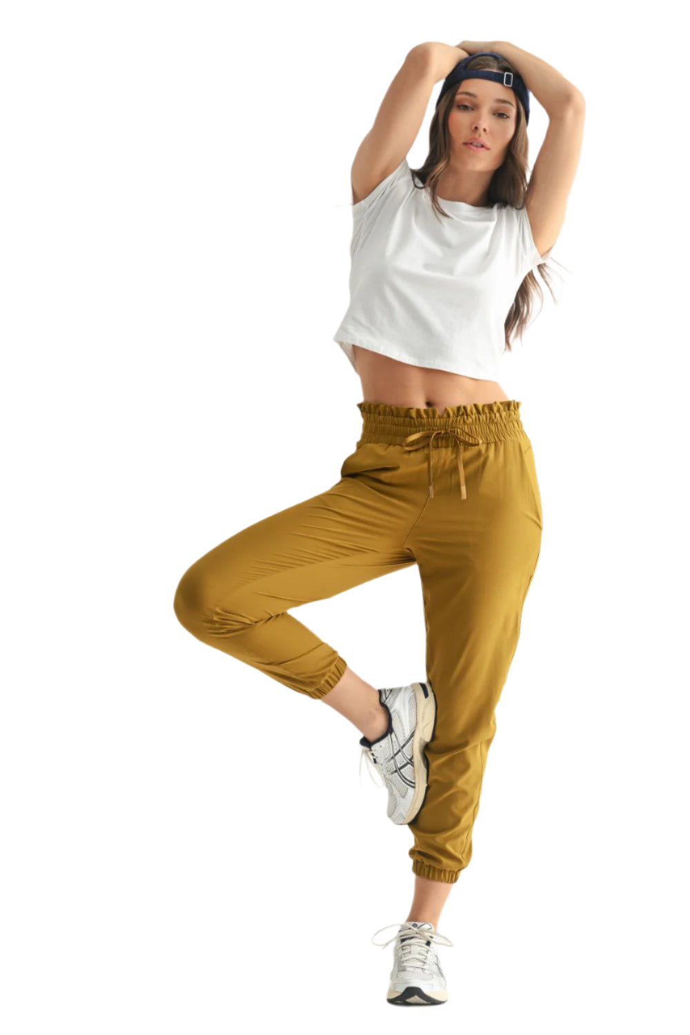 Mono B Cuffed Essential High Waist Joggers - Pea Soup - Front Full View