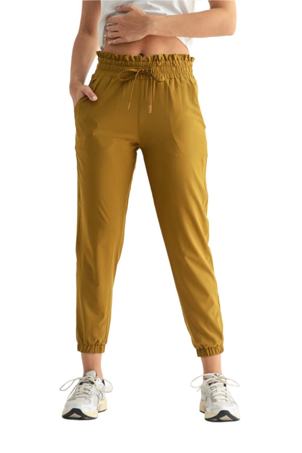 Mono B Cuffed Essential High Waist Joggers - Pea Soup - Front View