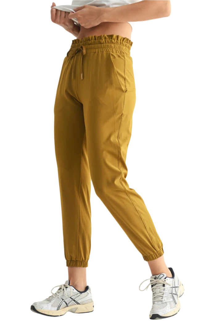 Mono B Cuffed Essential High Waist Joggers - Pea Soup - Side View