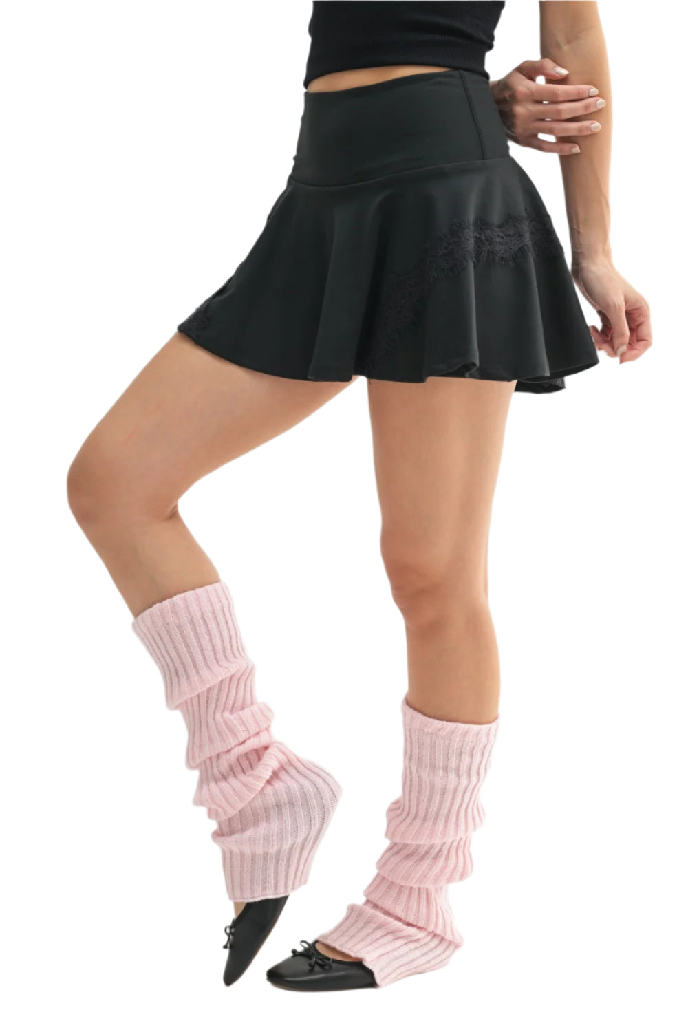 Mono B Flirty Lace Trim Circle Skort - Black - Side View