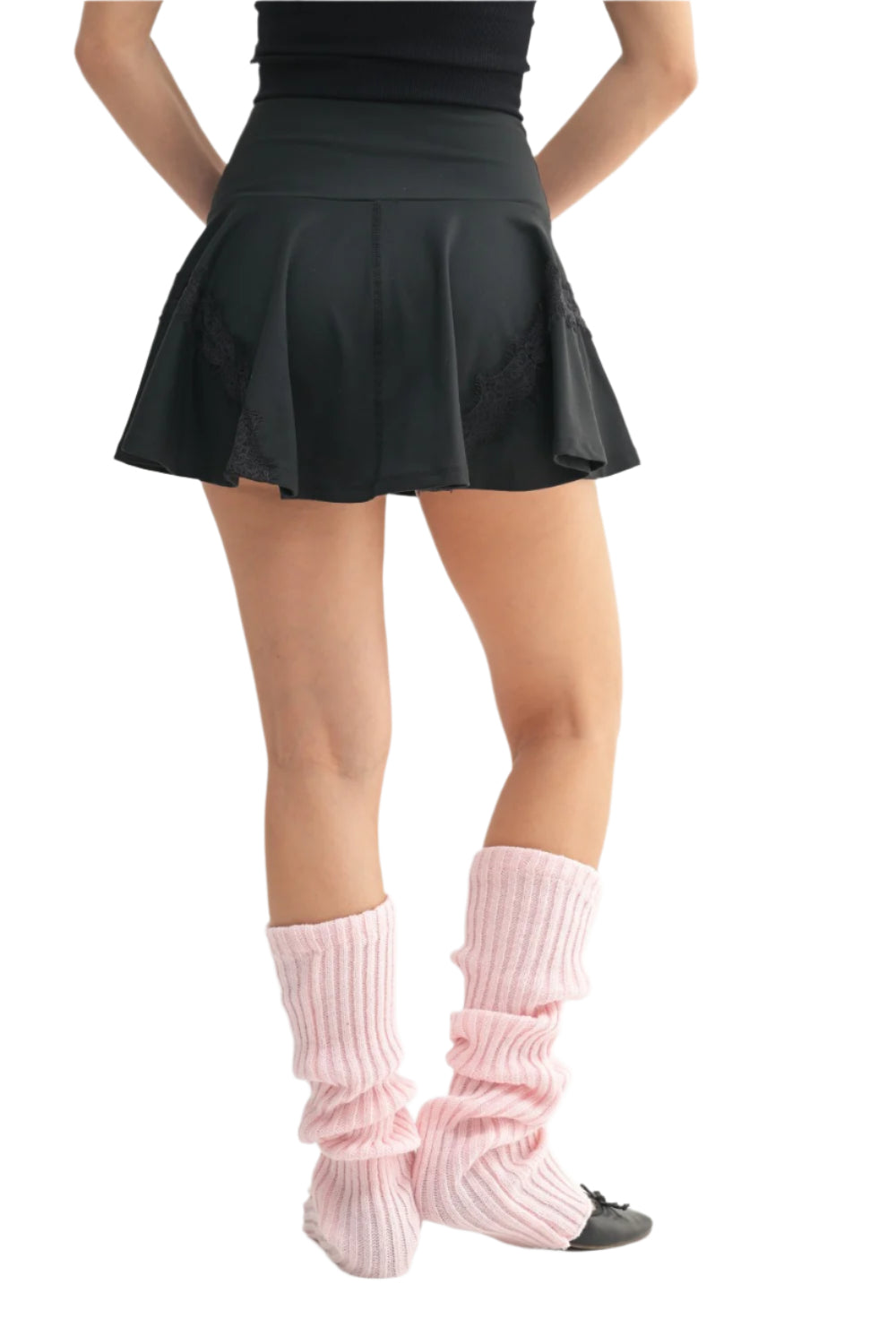 Mono B Flirty Lace Trim Circle Skort - Black - Back View
