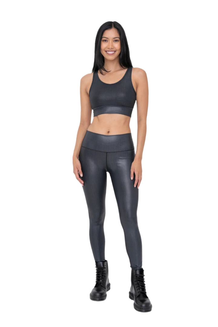 Mono B Iridescent Holo Foil High-Waisted Leggings - Black Foil - Front Full View