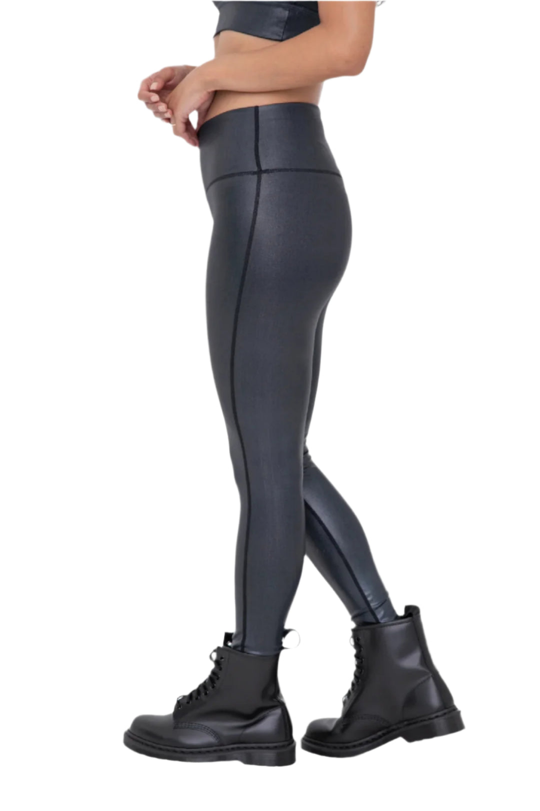 Mono B Iridescent Holo Foil High-Waisted Leggings - Black Foil - Side View
