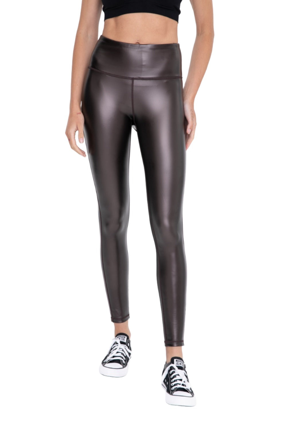 Mono B Glossy Liquid Leggings APH2928 Brown Gloss - Brown - Front View
