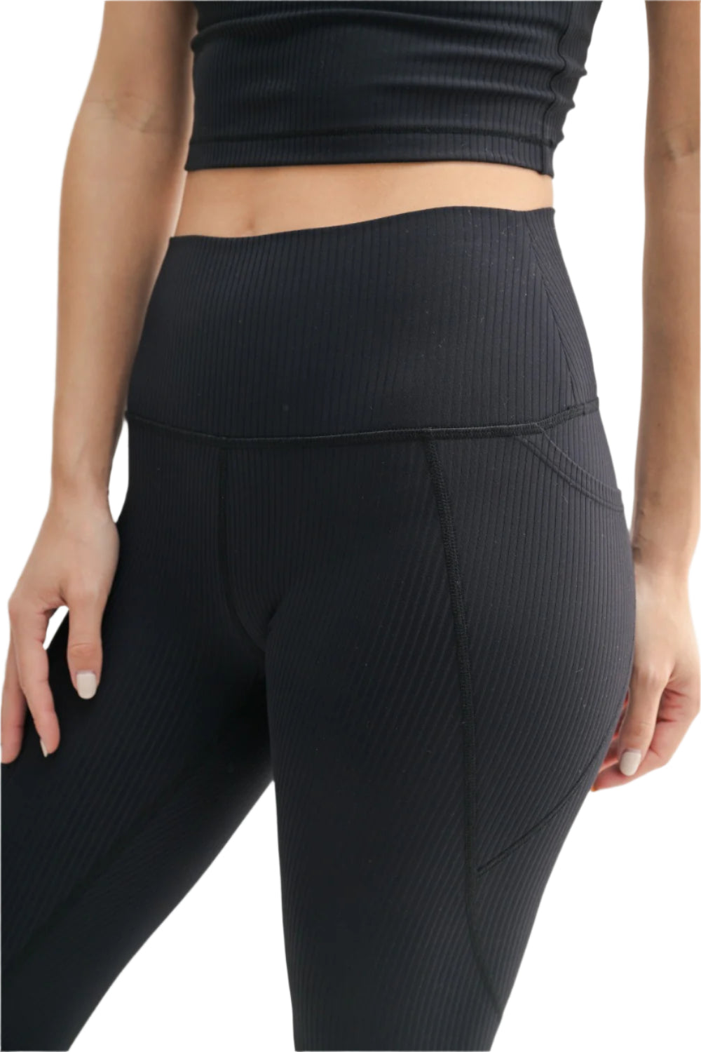 Mono B Soft Ribbed 7/8 High Waist Capri - Black - Side Rear View