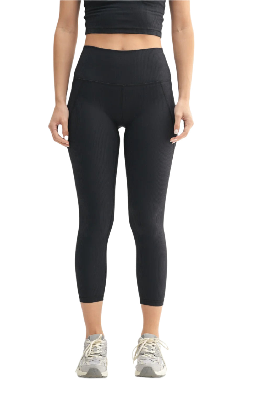 Mono B Soft Ribbed 7/8 High Waist Capri - Black - Front View