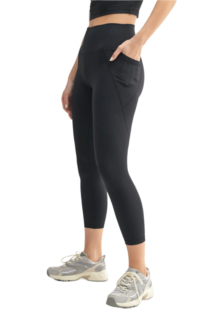 Mono B Soft Ribbed 7/8 High Waist Capri - Black - Side View