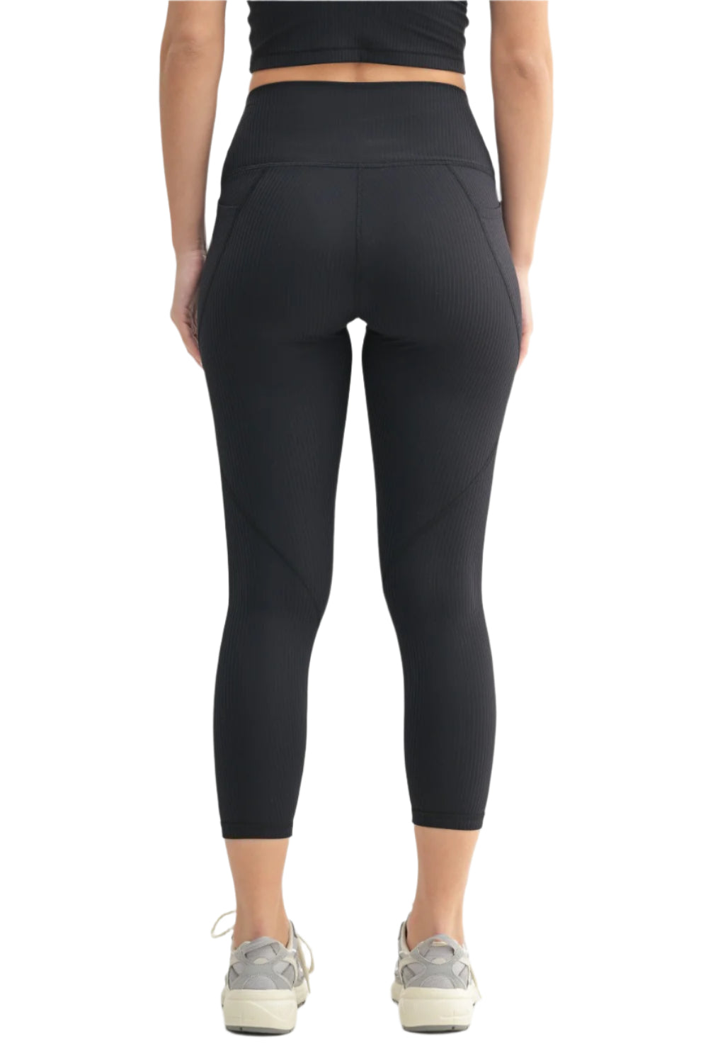 Mono B Soft Ribbed 7/8 High Waist Capri - Black - Back View