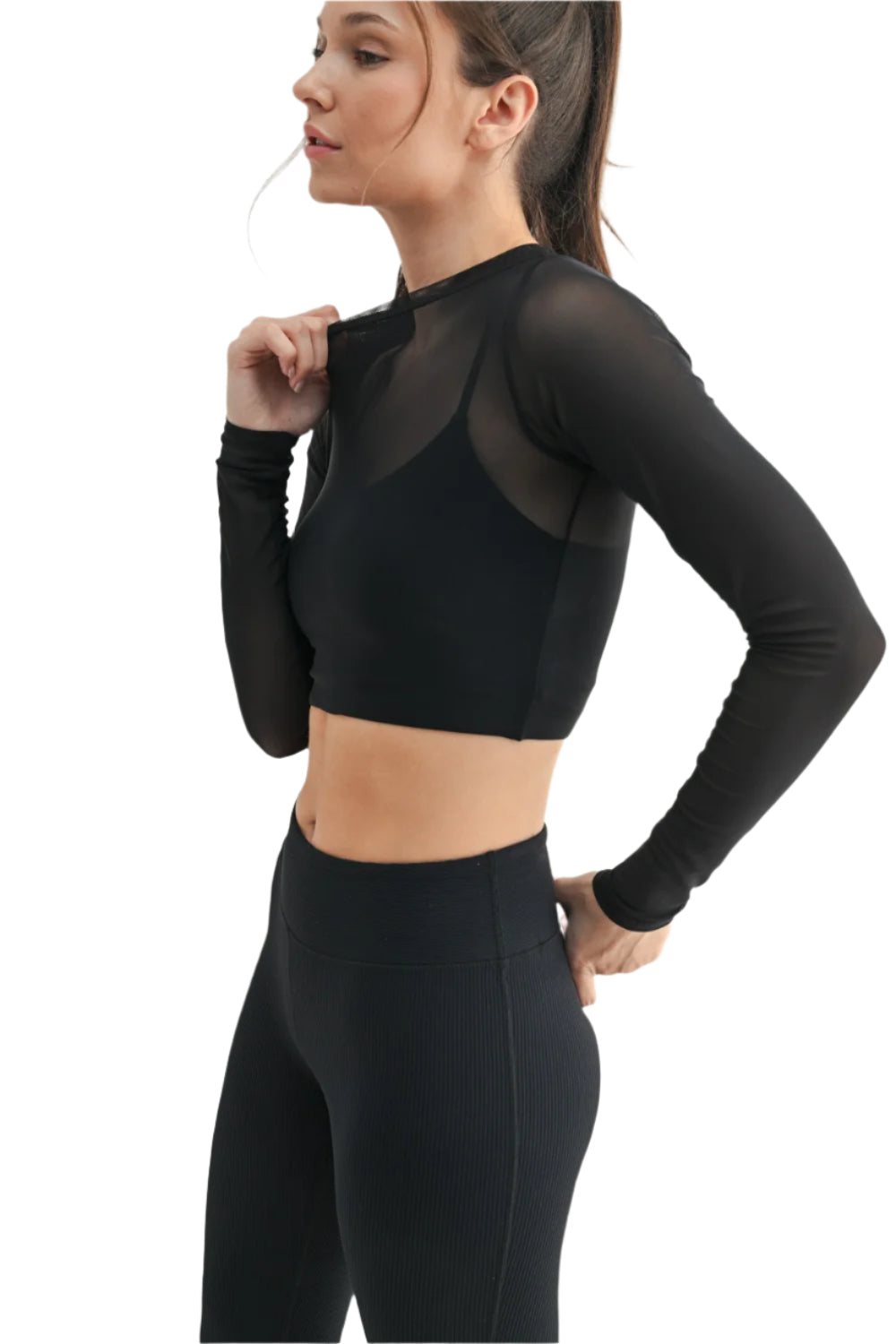 Mono B Sheer Mesh Long Sleeve Crop Top with Bra Liner ATR7302