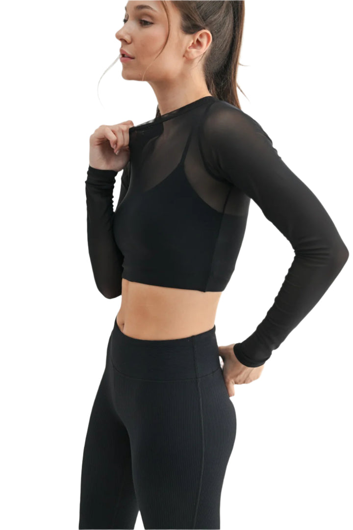 Mono B Sheer Mesh Long Sleeve Crop Top with Bra Liner ATR7302