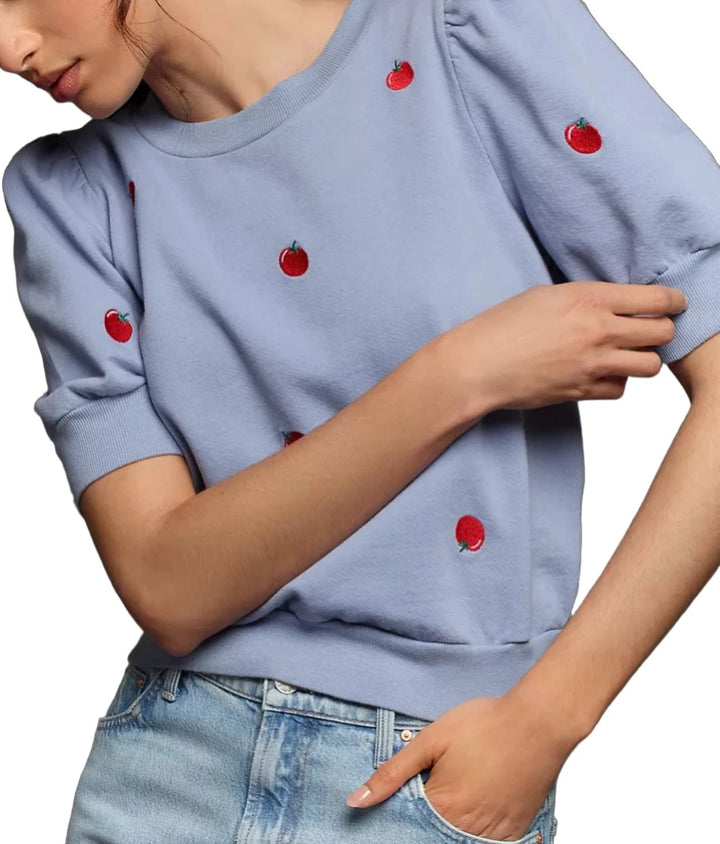 Blue tee with embroidered cherries