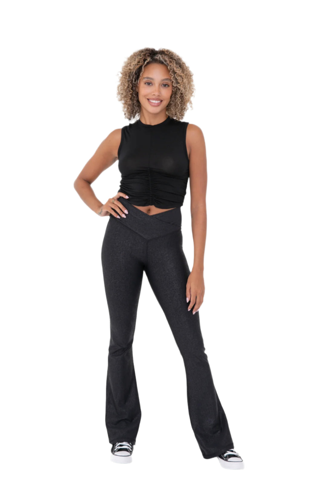 Mono B Leather Look Crossover Flared Legging - Black - Front Full View