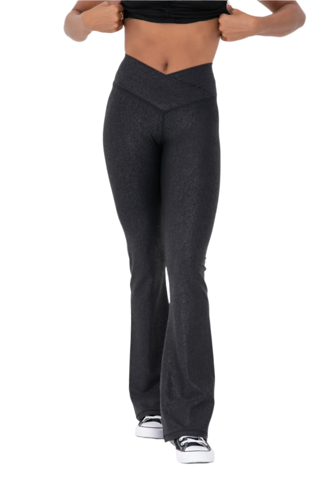 Mono B Leather Look Crossover Flared Legging - Black - Front View