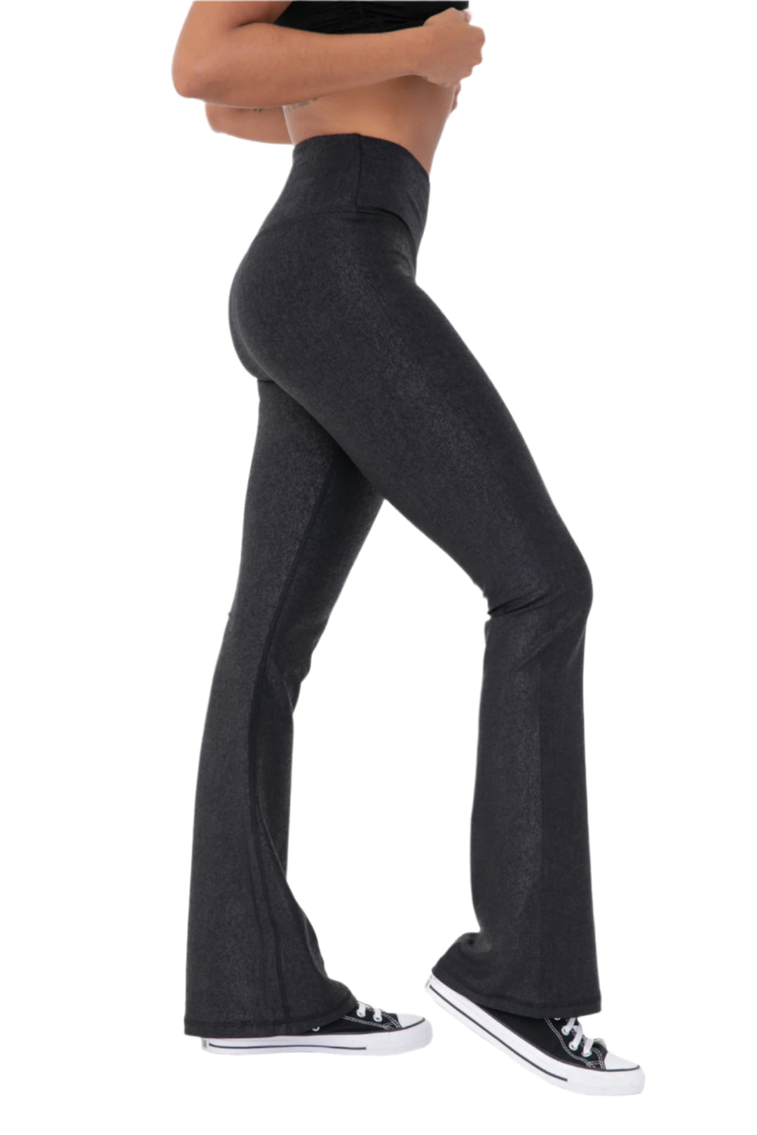 Mono B Leather Look Crossover Flared Legging - Black - Side View