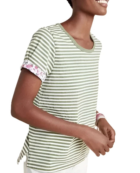 TLA Ringer Stripe Rolled Up Short Sleeve Tee - Green White Stripe - Side View