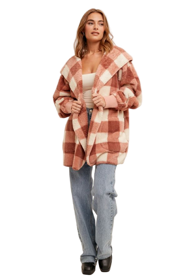 Hem & Thread Multi Color Checker Oversized Fuzzy Hooded Jacket 31296W