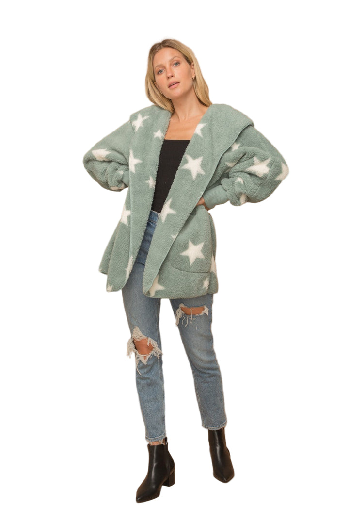 Hem & Thread Star Print Fuzzy Hooded Jacket 8431W