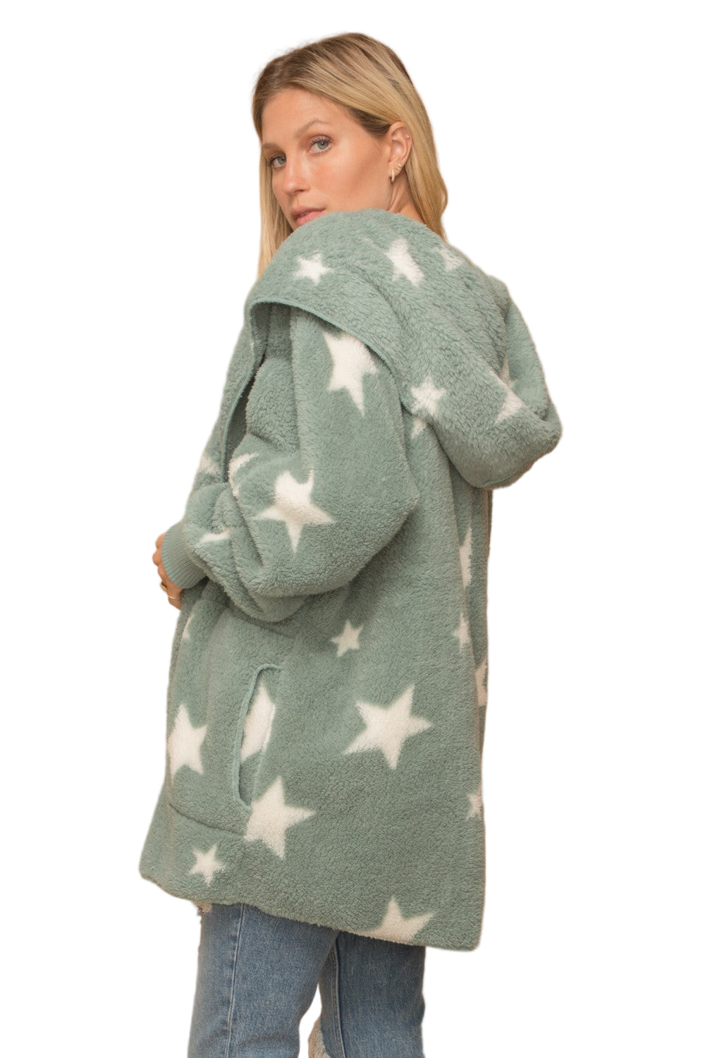 Hem & Thread Star Print Fuzzy Hooded Jacket 8431W
