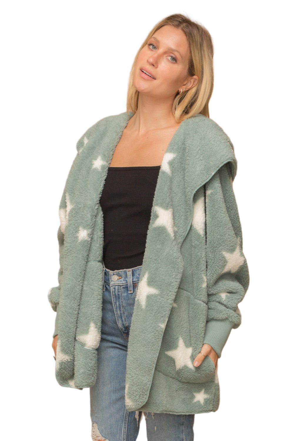 Hem & Thread Star Print Fuzzy Hooded Jacket 8431W