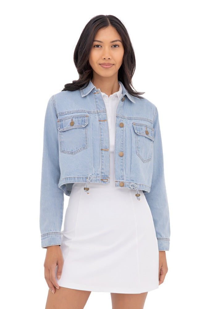 Mono B Crop Denim Jacket KJ11340 - Medium Wash Denim - Front View