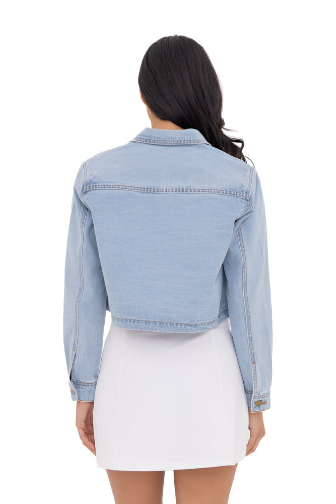 Mono B Crop Denim Jacket KJ11340 - Medium Wash Denim - Back View