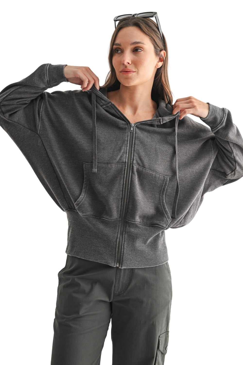 Mono B Fleece Hoodie Jacket - Black - Front View