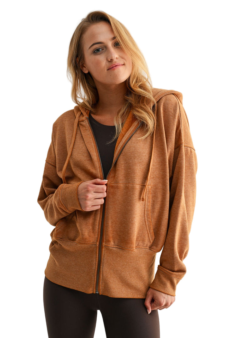 Mono B Fleece Hoodie Jacket - Burnt Amber - Front View