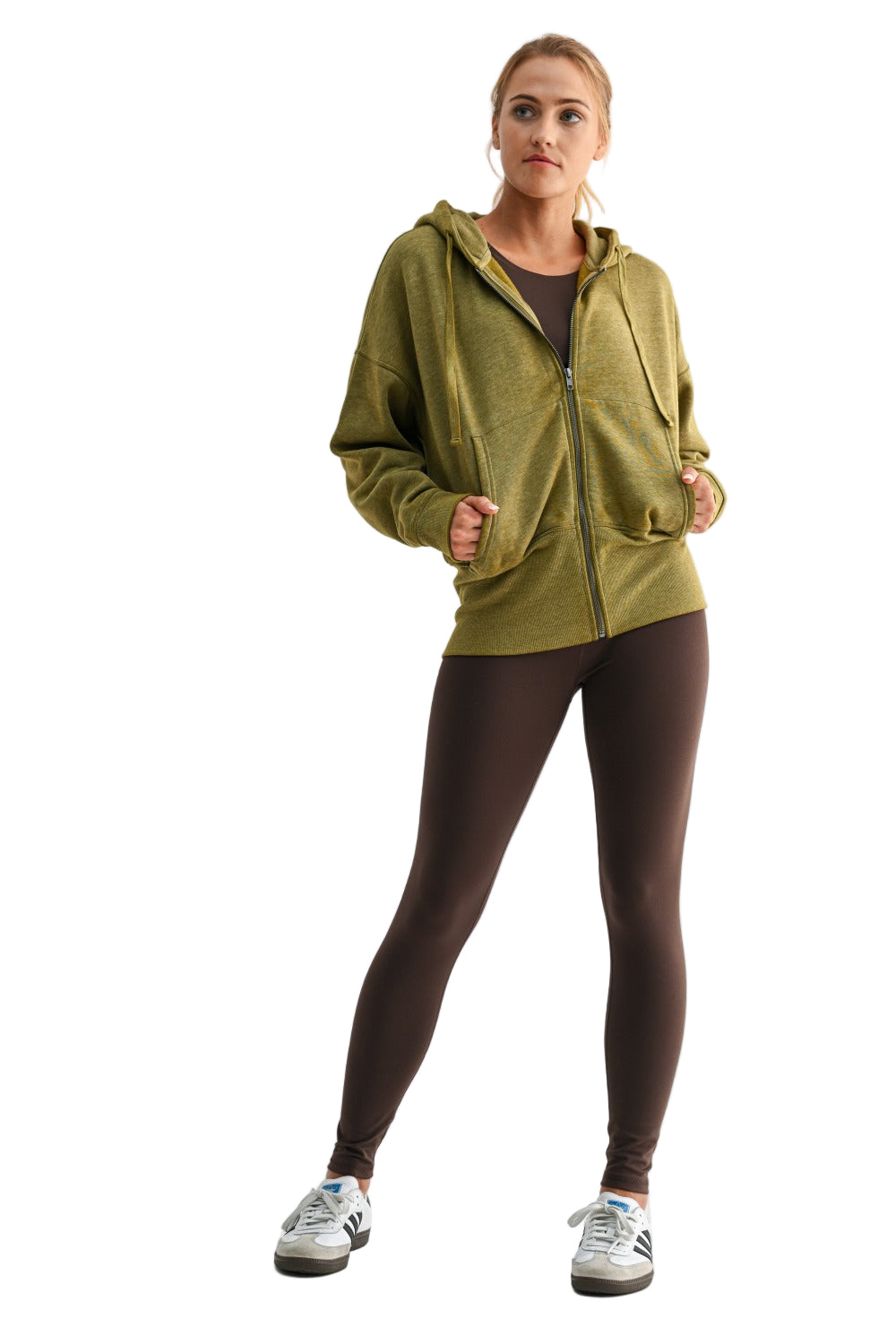 Mono B Fleece Hoodie Jacket - Camo Green - Front Full View