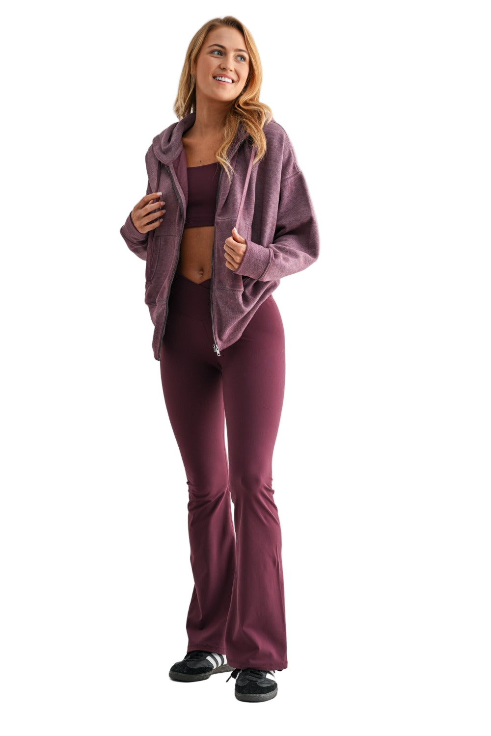 Mono B Fleece Hoodie Jacket - Dark Plum - Front Full View