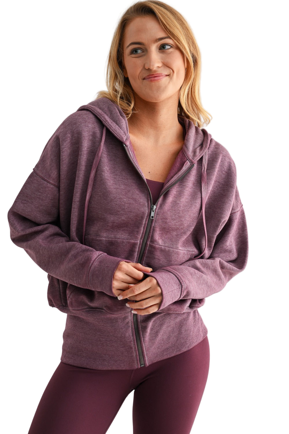 Mono B Fleece Hoodie Jacket - Dark Plum - Front View