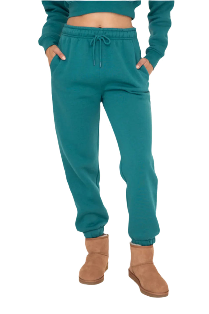 Mono B Fleece Billow Banded Bottom Sweat Pants - Blue Palm - Front View