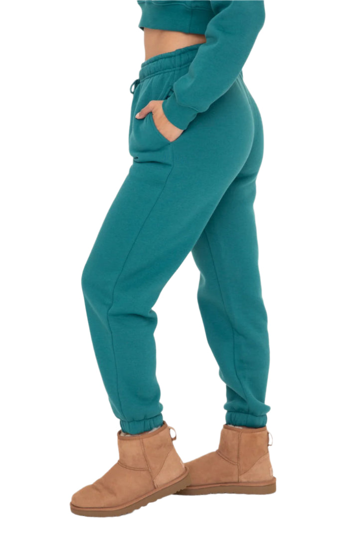Mono B Fleece Billow Banded Bottom Sweat Pants - Blue Palm - Side View