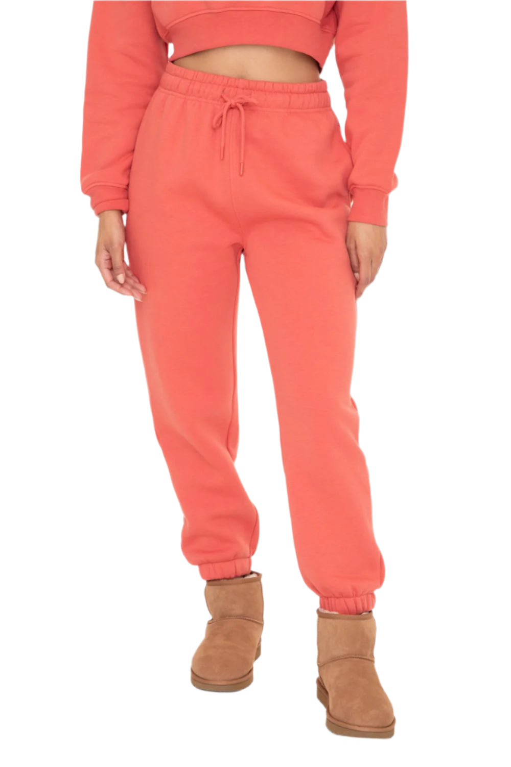 Mono B Fleece Billow Banded Bottom Sweat Pants - Winter Coral - Bottom Font View