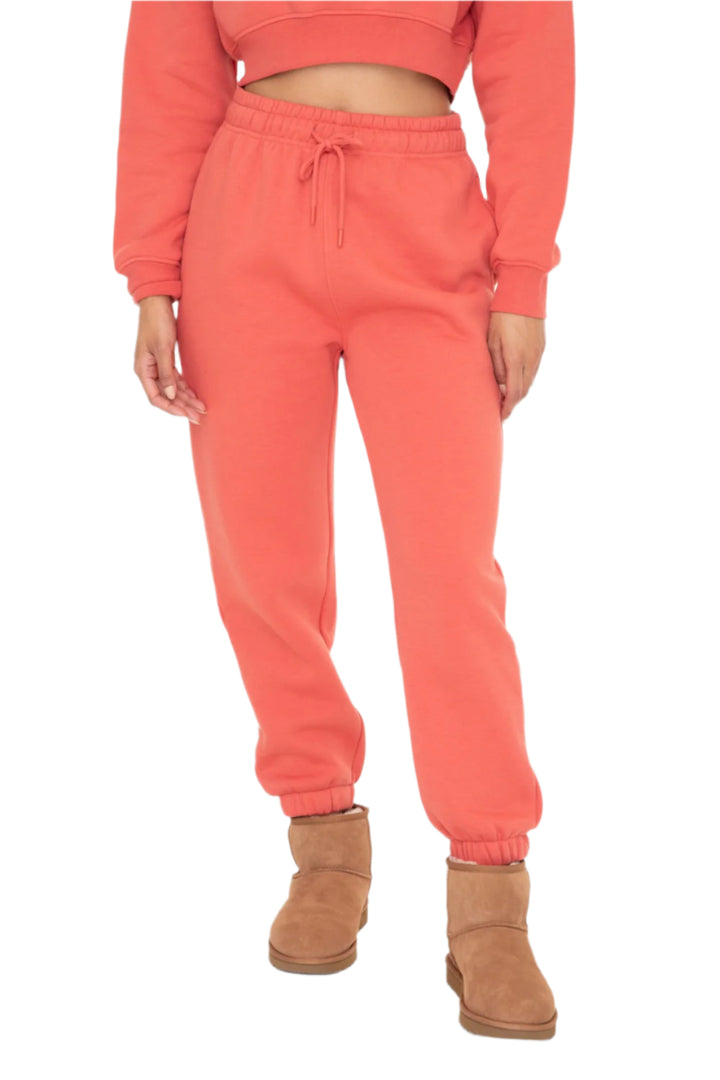 Mono B Fleece Billow Banded Bottom Sweat Pants - Winter Coral - Bottom Font View