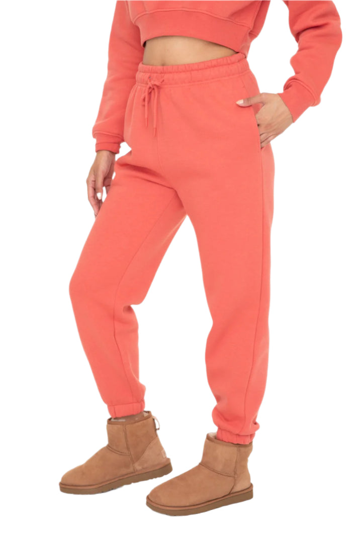 Mono B Fleece Billow Banded Bottom Sweat Pants - Winter Coral - Bottom Side View