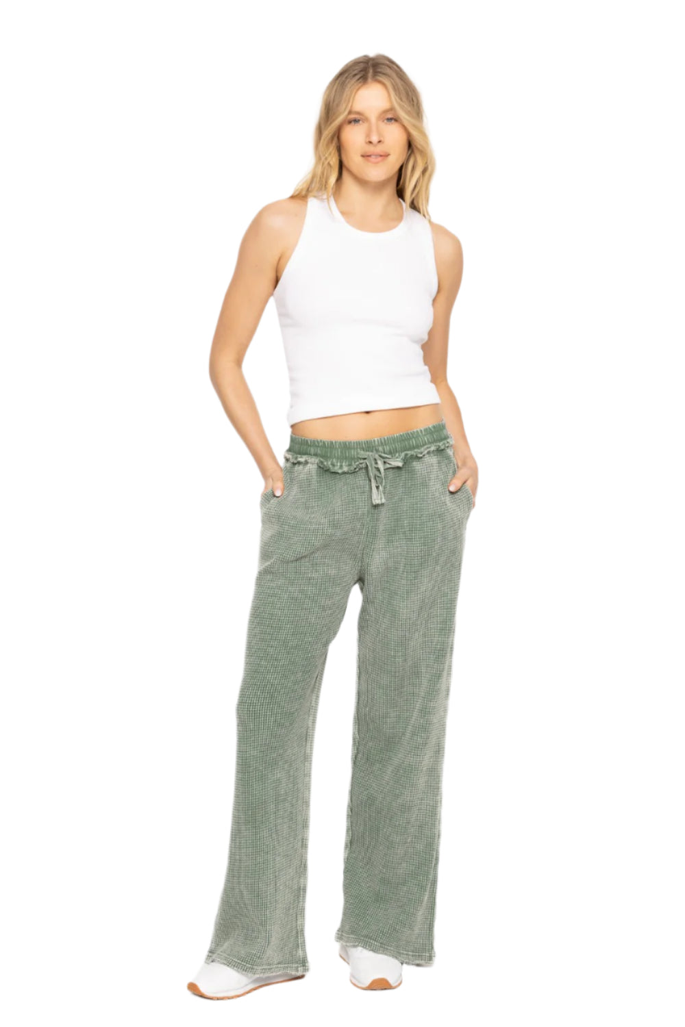 Mono B Distressed Mineral-Washed Pants - Dark Basil - Front Full View