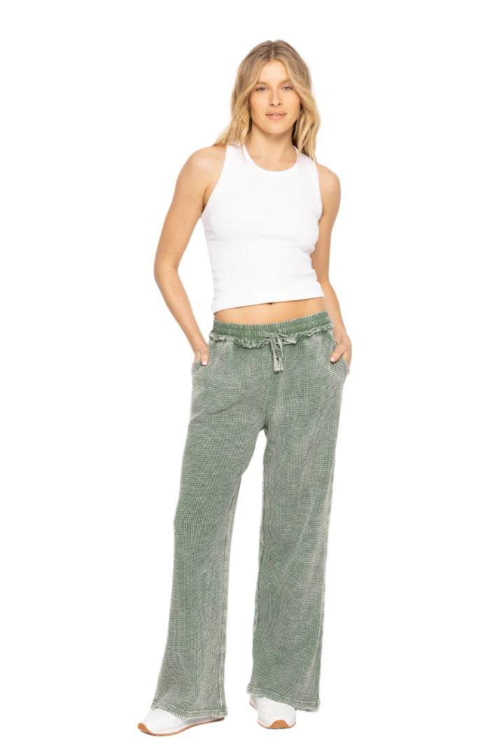 Mono B Distressed Mineral-Washed Pants - Dark Basil - Front Full View