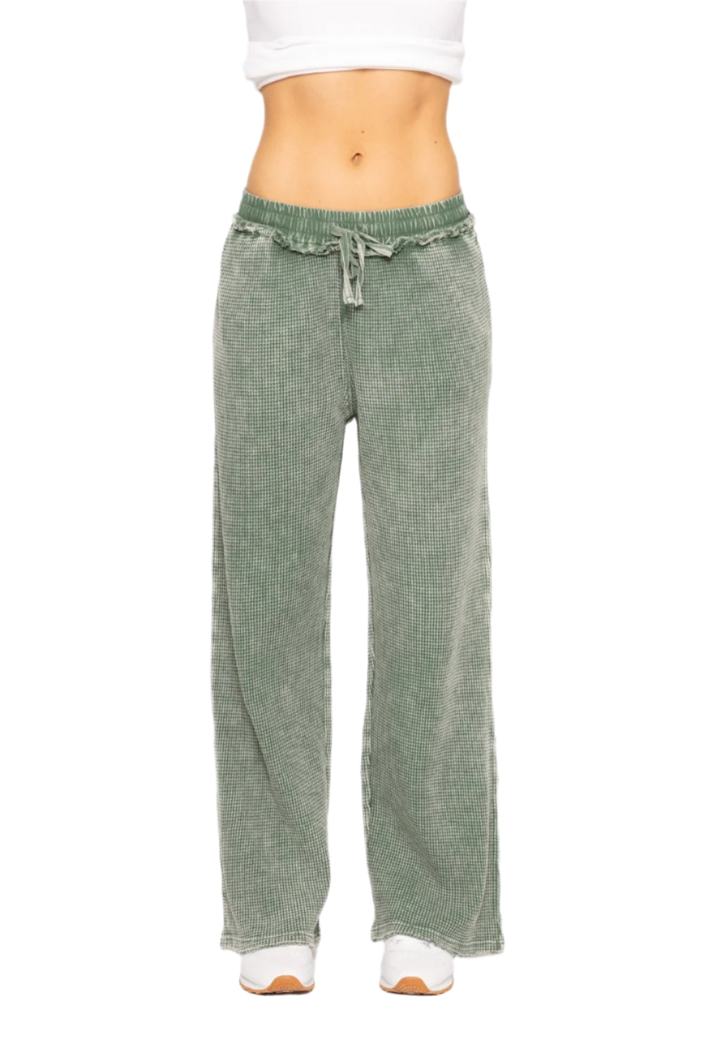 Mono B Distressed Mineral-Washed Pants - Dark Basil - Front View