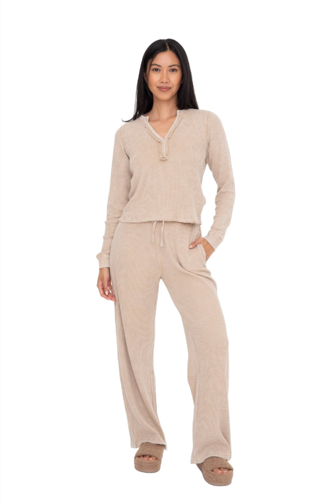 Mono B Distressed Mineral-Washed Pants KP11923 - Taupe - Front Full View