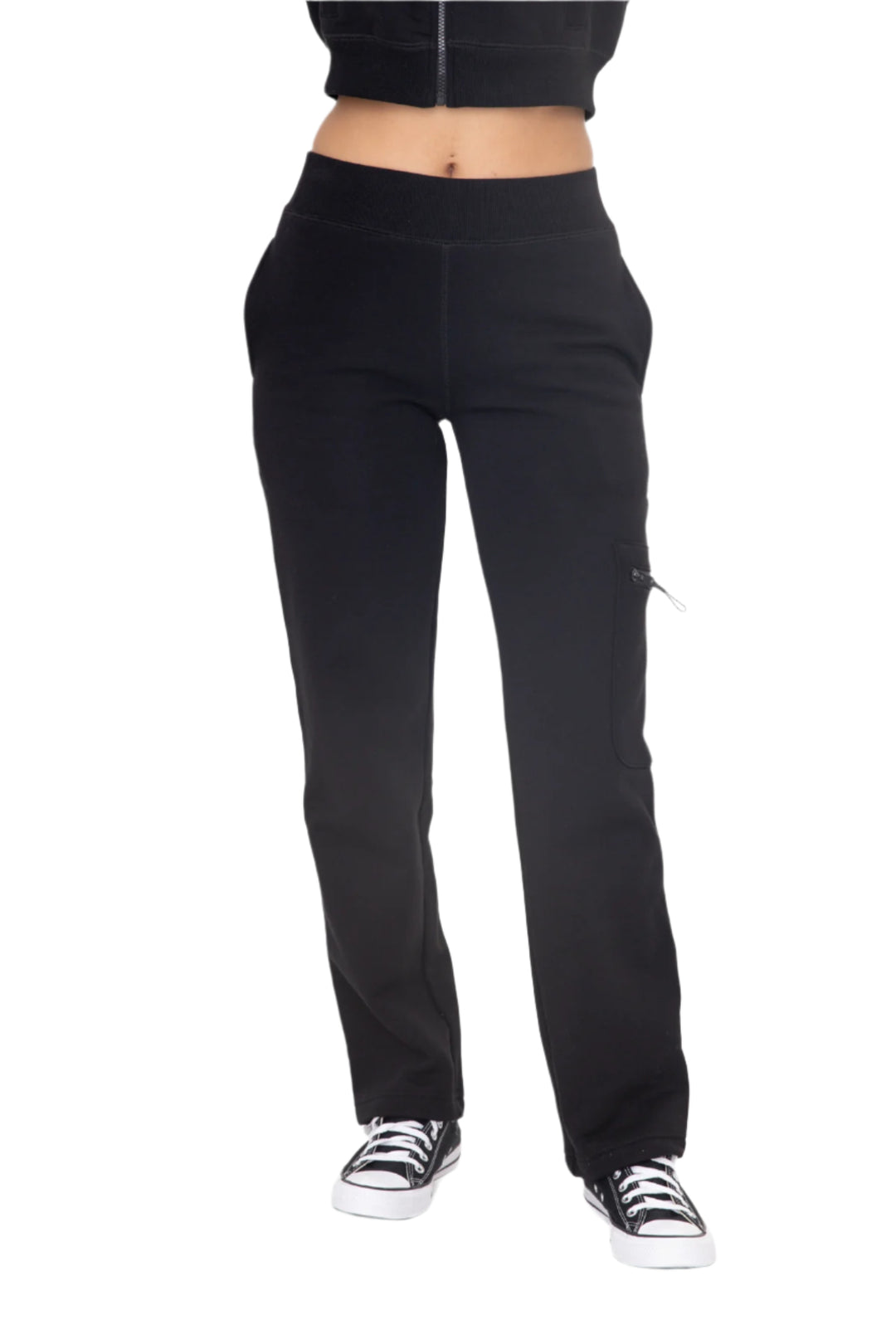 Mono B Brushed Fleece Cargo Lounge Pants - Black - Front View