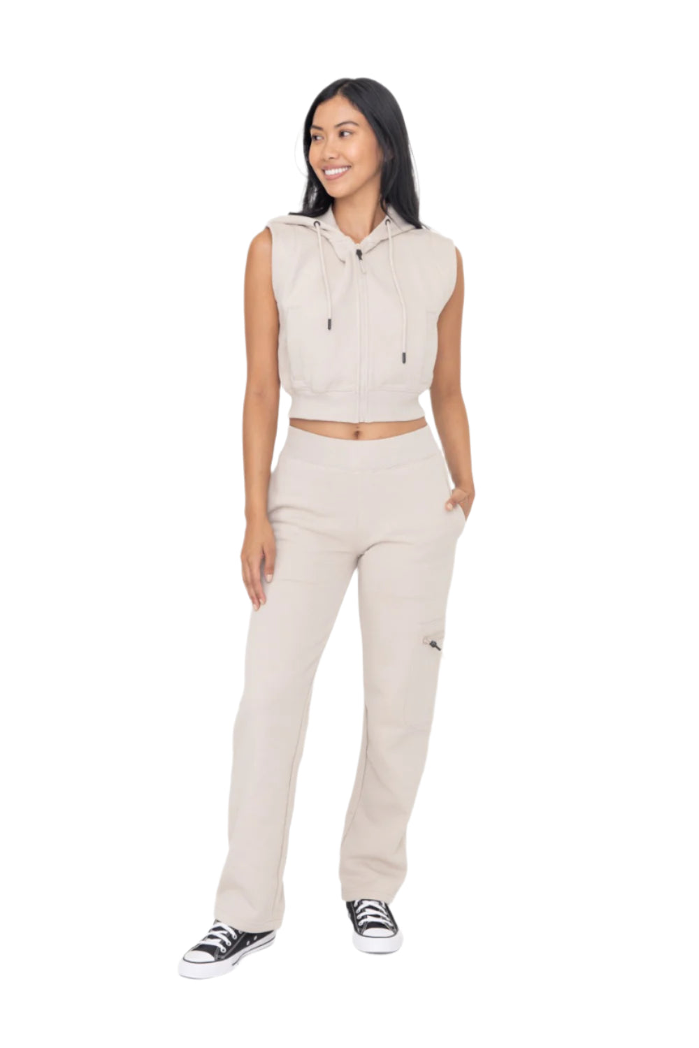 Mono B Brushed Fleece Cargo Lounge Pants - Taupe - Front Full View