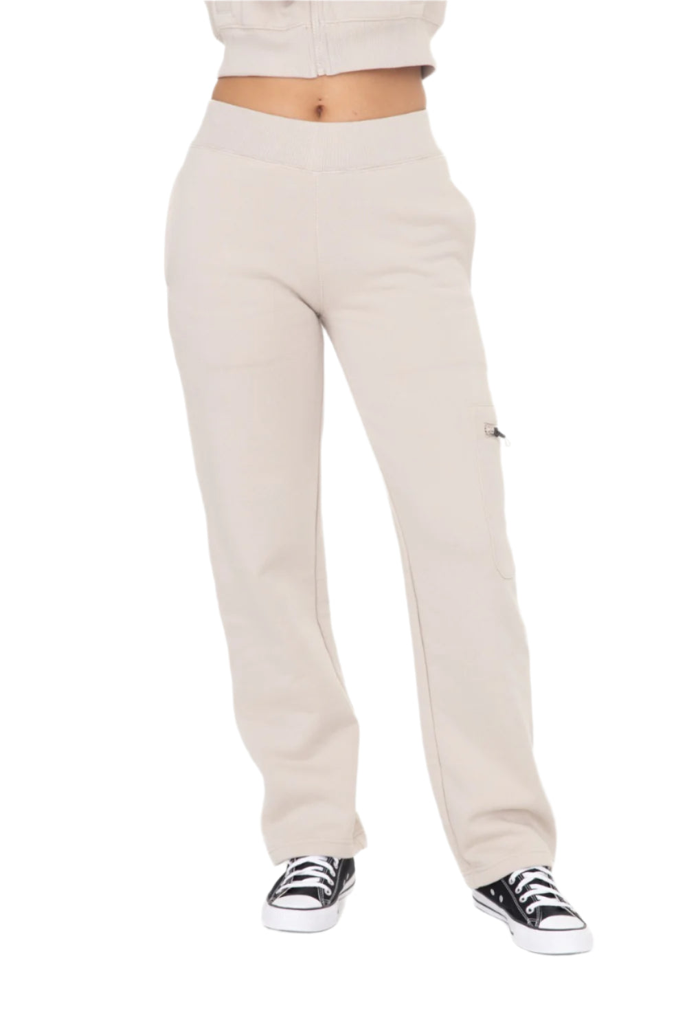 Mono B Brushed Fleece Cargo Lounge Pants - Taupe - Front View