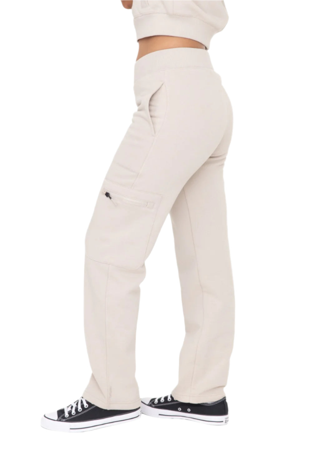 Mono B Brushed Fleece Cargo Lounge Pants - Taupe - Side View