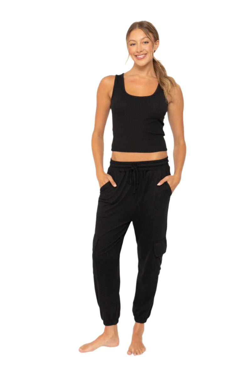 Mono B Brushed Hacci Cargo Lounge Jogger Pant - Black - Front Full View