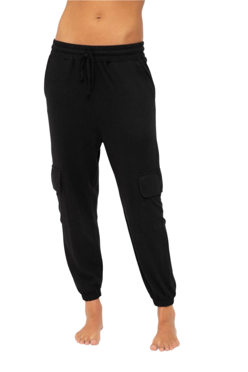 Mono B Brushed Hacci Cargo Lounge Jogger Pant - Black - Front View