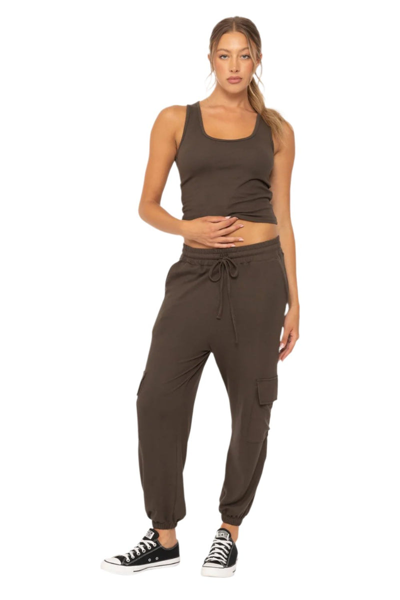 Mono B Brushed Hacci Cargo Lounge Jogger Pant - Dark Olive - Front Full View