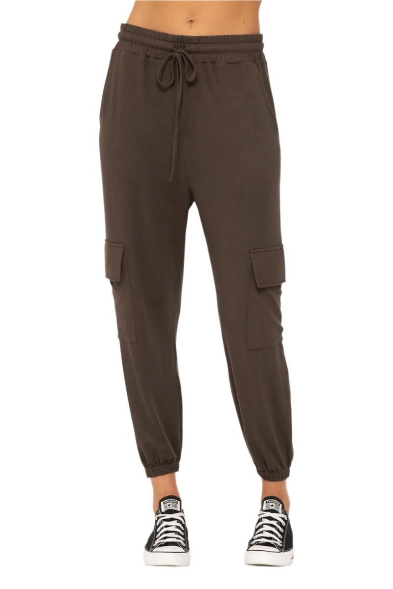 Mono B Brushed Hacci Cargo Lounge Jogger Pant - Dark Olive - Front View